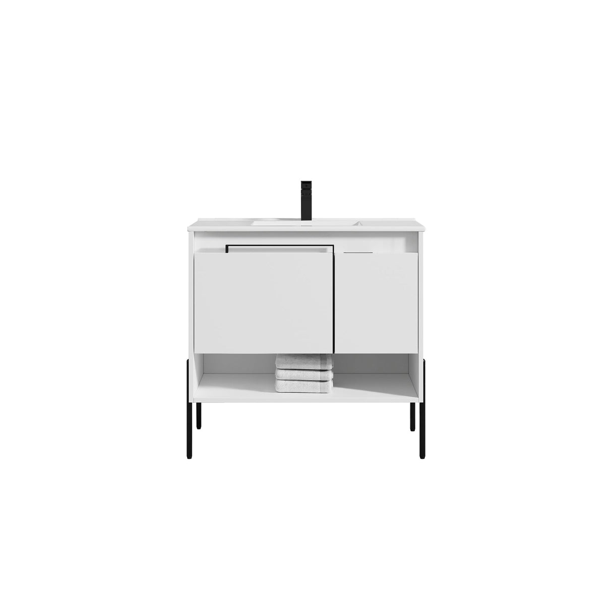 Blossom Turin 36" 1-Door 1-Drawer Matte White Freestanding Single Vanity Base With Open Shelf, Handle and Legs