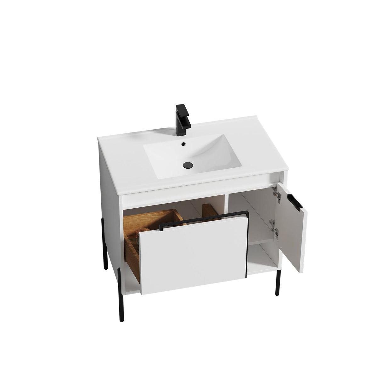 Blossom Turin 36" 1-Door 1-Drawer Matte White Freestanding Single Vanity Base With Open Shelf, Handle and Legs