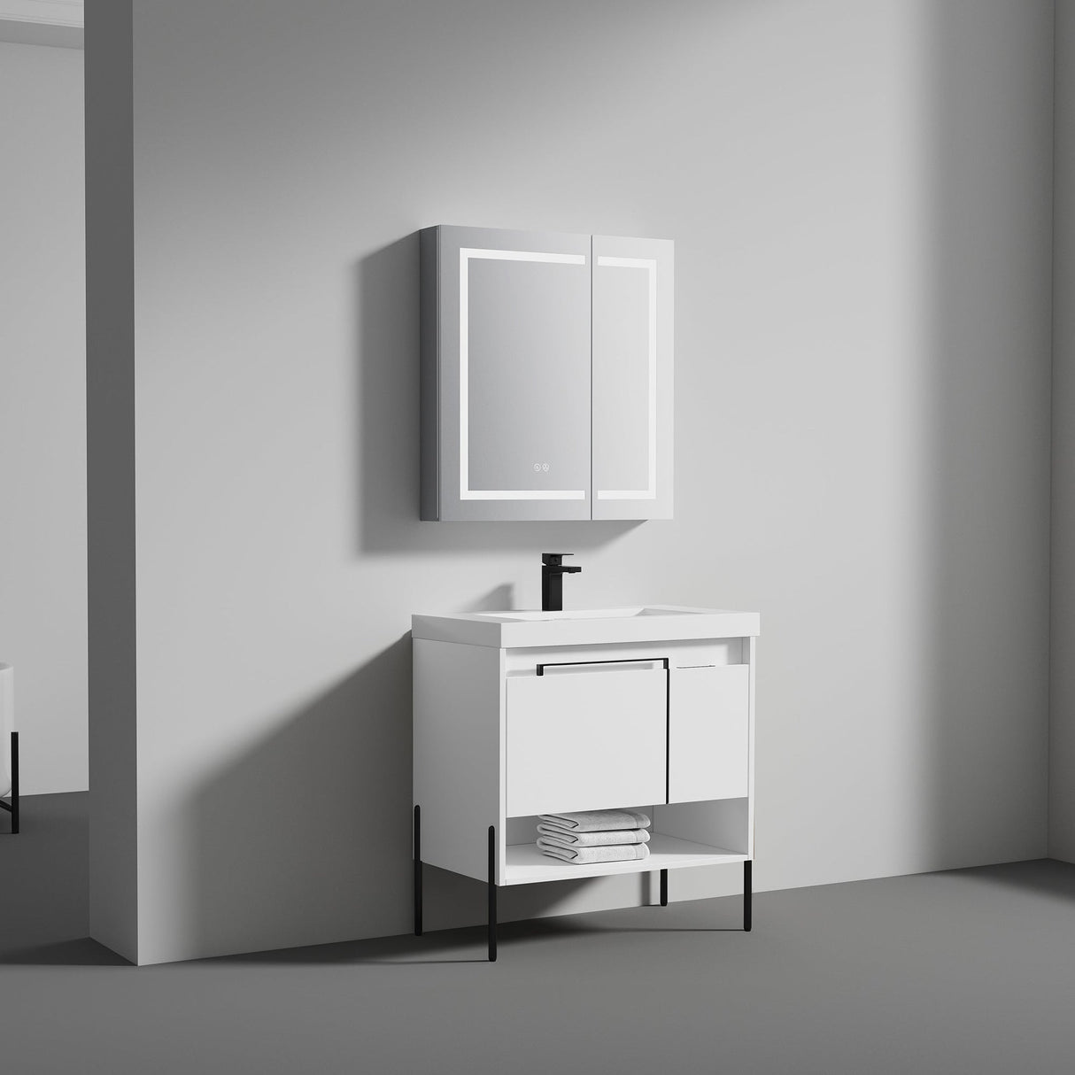 Blossom Turin 36" 1-Door 1-Drawer Matte White Freestanding Single Vanity Base With Open Shelf, Handle and Legs