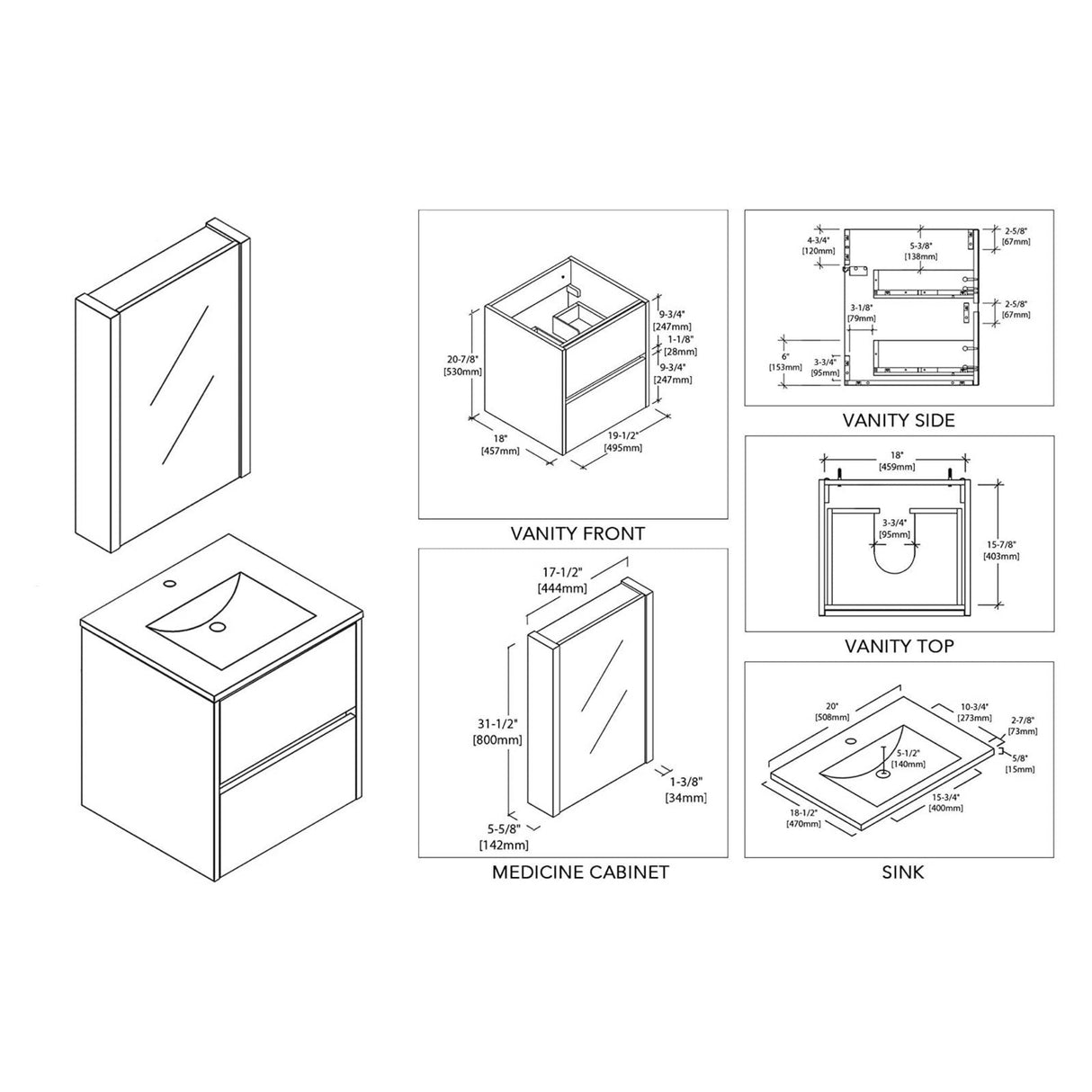 Blossom Valencia 20" 2-Drawer White Wall-Mounted Vanity Set With Ceramic Top and Integrated Single Sink and Medicine Cabinet