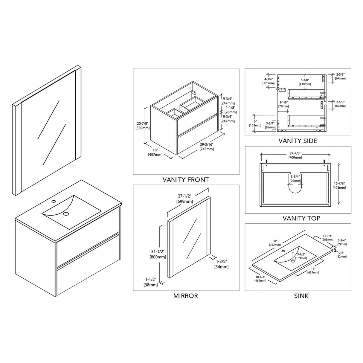 Blossom Valencia 30" 2-Drawer Silver Gray Wall-Mounted Vanity Set With Ceramic Top, Integrated Single Sink and Mirror