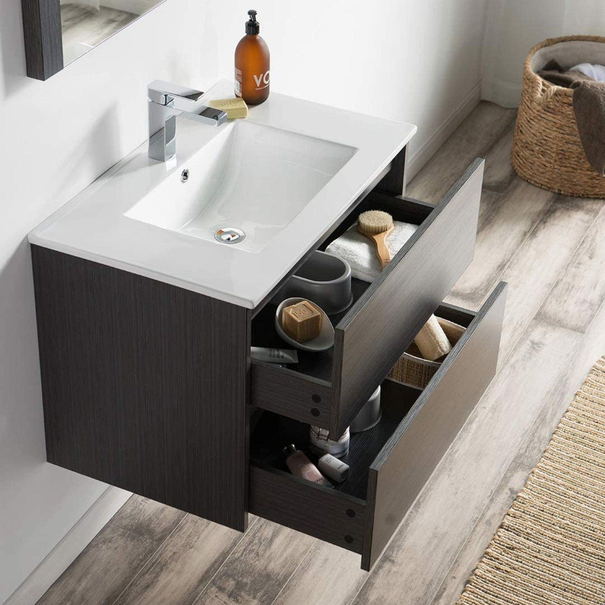 Blossom Valencia 30" 2-Drawer Silver Gray Wall-Mounted Vanity Set With Ceramic Top, Integrated Single Sink and Mirror