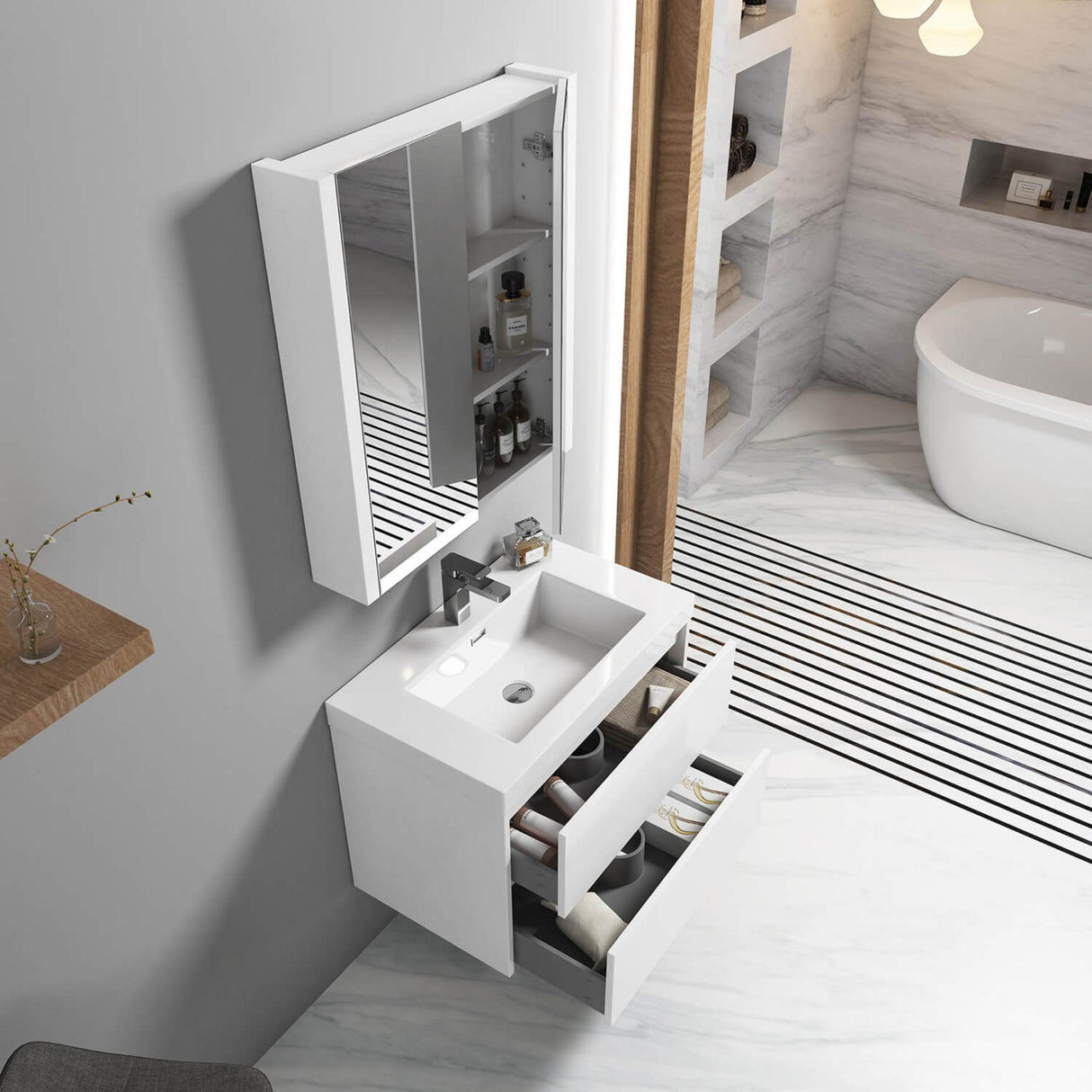 Blossom Valencia 30" 2-Drawer White Wall-Mounted Vanity Base