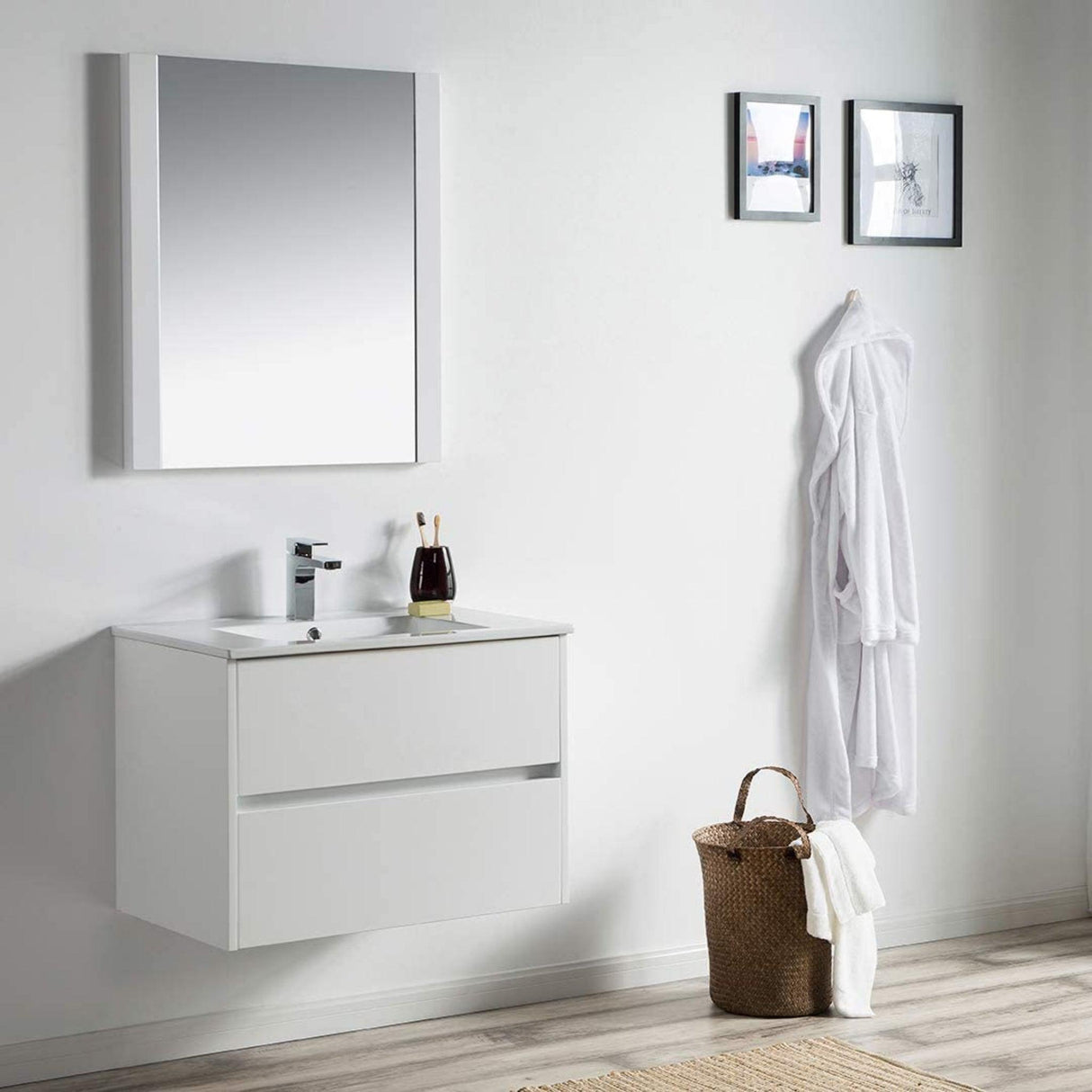 Blossom Valencia 30" 2-Drawer White Wall-Mounted Vanity Set With Ceramic Top, Integrated Single Sink and Mirror