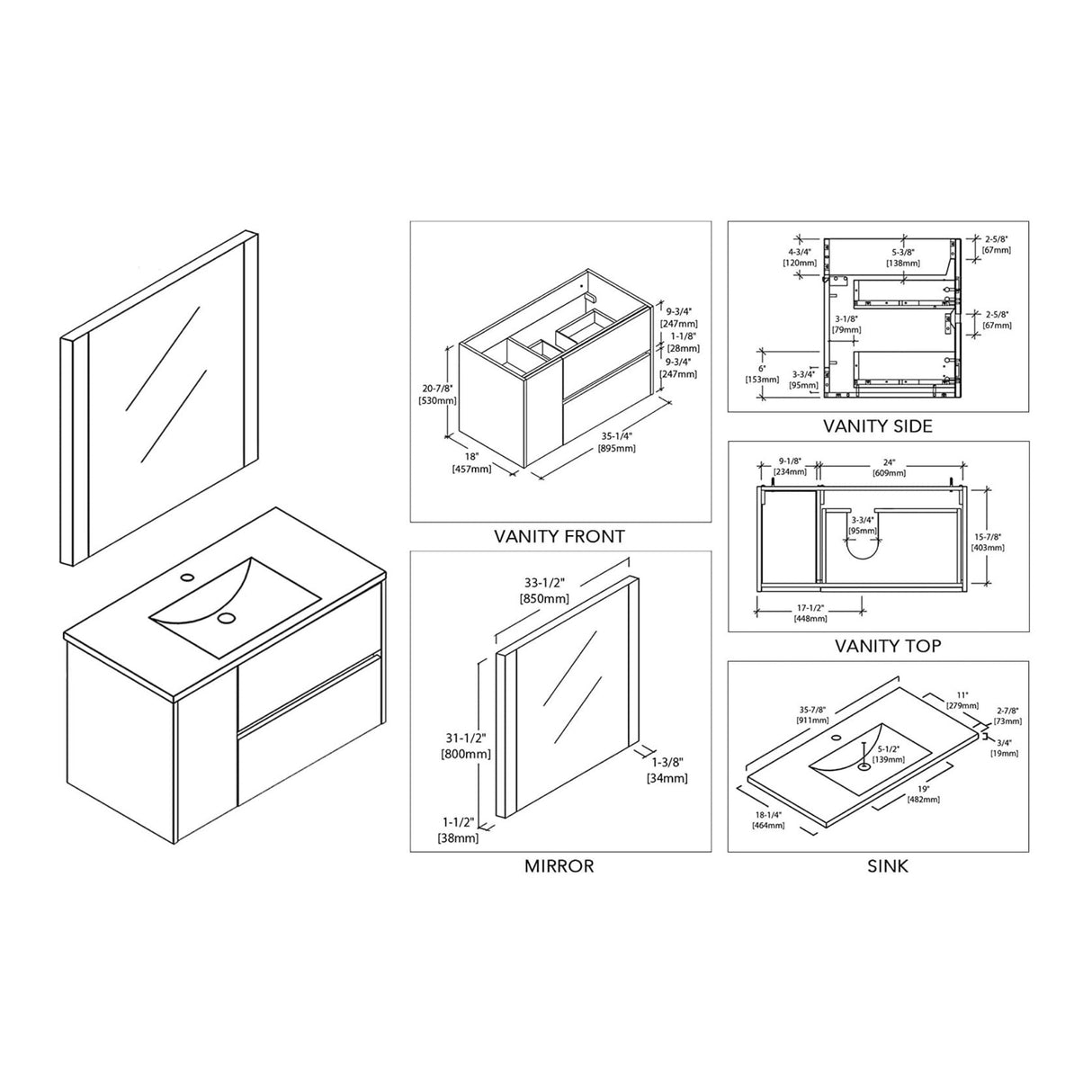 Blossom Valencia 36" 1-Door 2-Drawer White Wall-Mounted Vanity Set With Ceramic Top, Integrated Single Sink and Mirror
