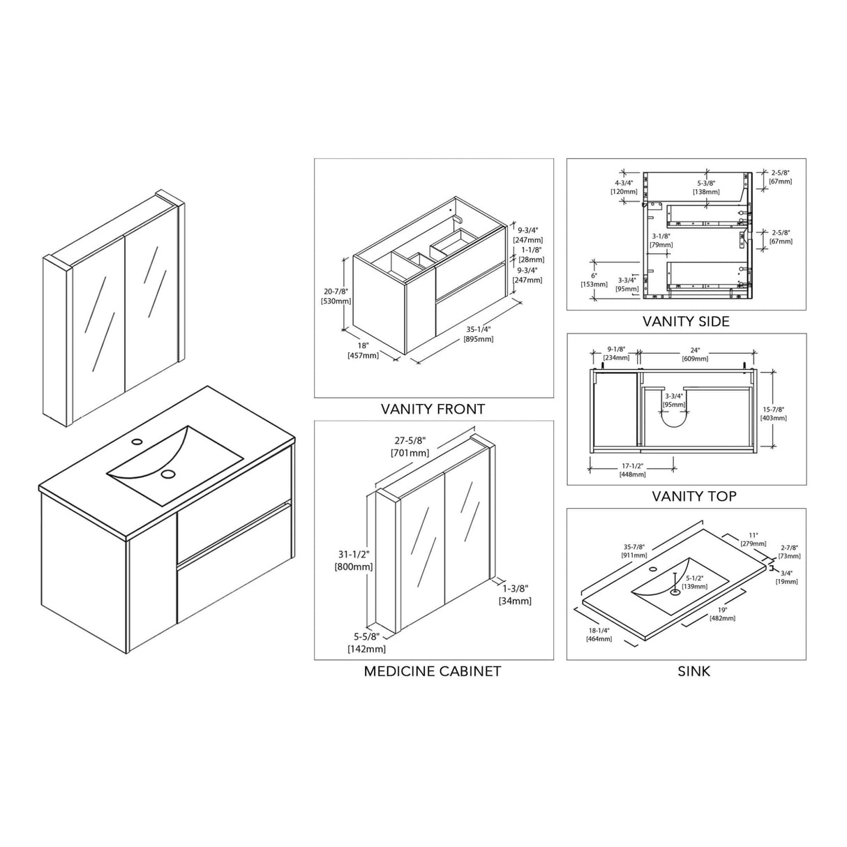 Blossom Valencia 36" 1-Door 2-Drawer White Wall-Mounted Vanity Set With Ceramic Top and Integrated Single Sink and Medicine Cabinet