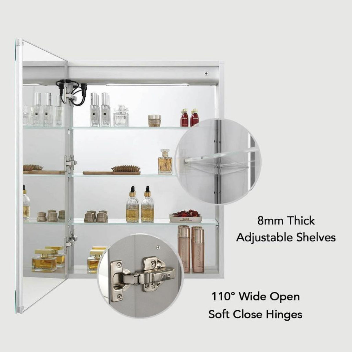 Blossom Vega 24" Recessed or Surface Mount Left and Right-Hinged Door LED Mirror Medicine Cabinet Set Of 2 With Adjustable Glass Shelves, Built-In Defogger, Dimmer, USB & Electrical Outlet