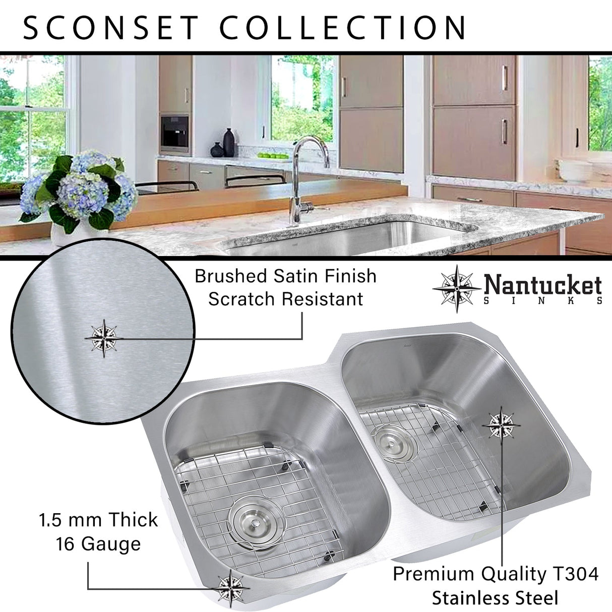 Nantucket Sinks' NS7030-16 - 32.5 Inch 70/30 Reverse Double bowl Undermount Stainless Steel Kitchen Sink, 16 Gauge