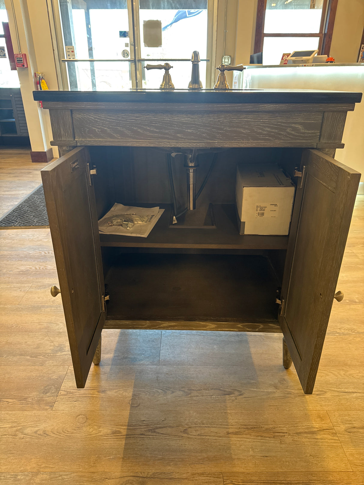 30" Rustic Chic Vanity Set with Granite Top, Nickel Sink, and Widespread Brush Nickel Faucet