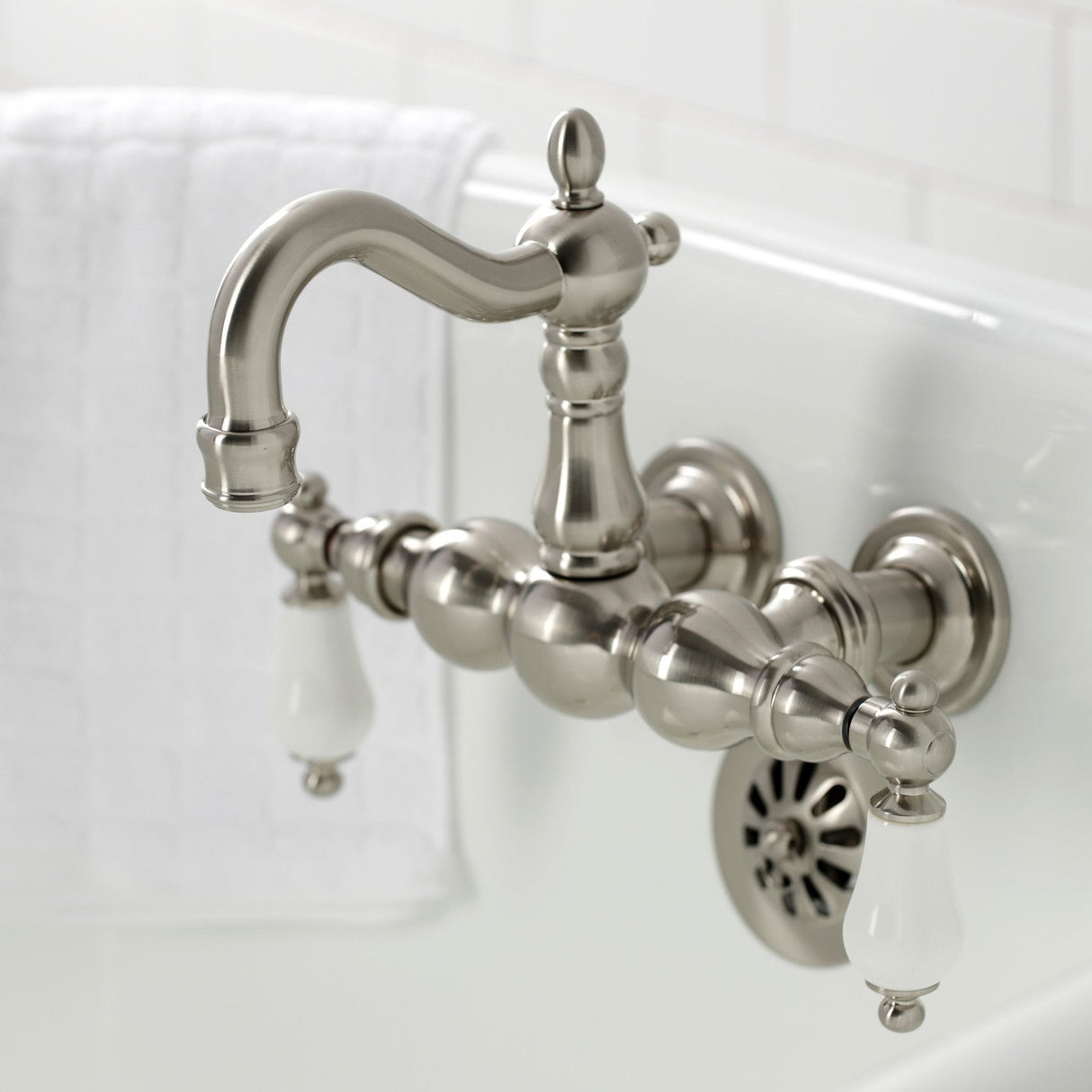 Heritage CA1005T8 Two-Handle 2-Hole Wall Mount Clawfoot Tub Faucet, Brushed Nickel