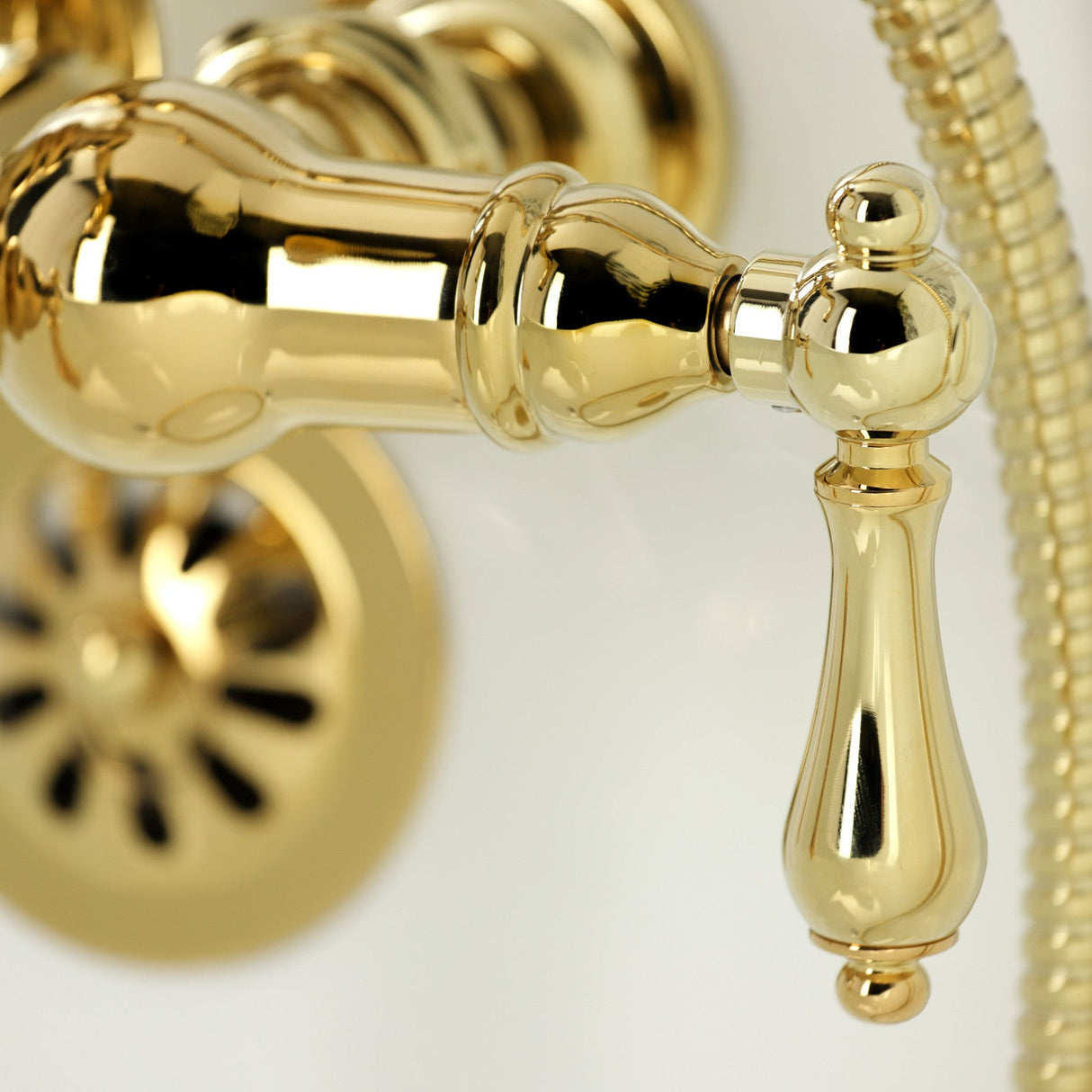 Heritage CA1007T2 Three-Handle 2-Hole Wall Mount Clawfoot Tub Faucet with Hand Shower, Polished Brass