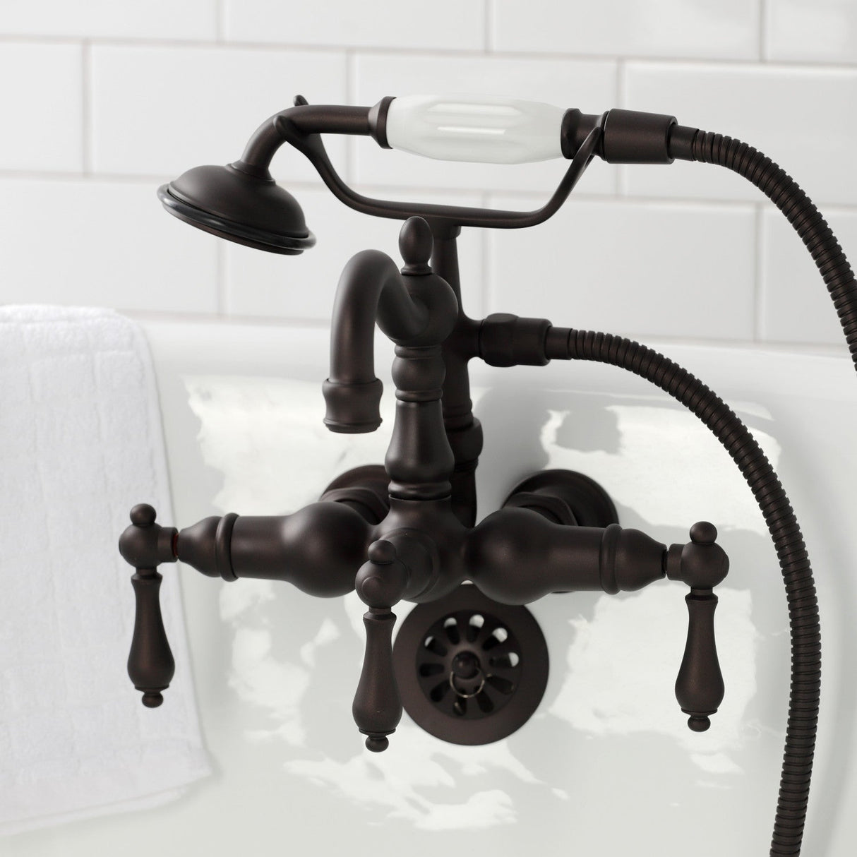 Heritage CA1007T5 Three-Handle 2-Hole Wall Mount Clawfoot Tub Faucet with Hand Shower, Oil Rubbed Bronze