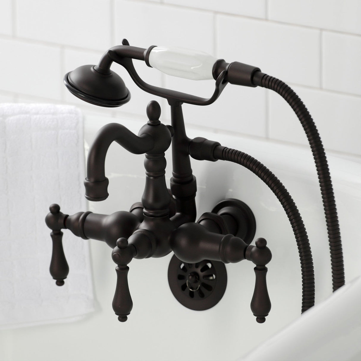 Heritage CA1007T5 Three-Handle 2-Hole Wall Mount Clawfoot Tub Faucet with Hand Shower, Oil Rubbed Bronze