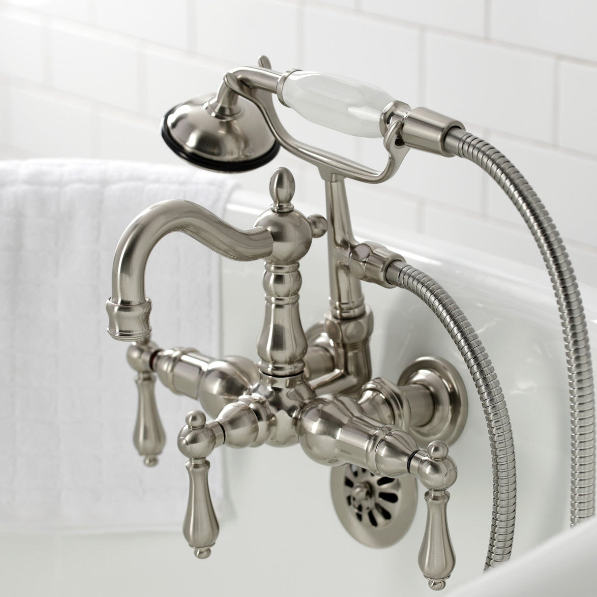 Heritage CA1007T8 Three-Handle 2-Hole Wall Mount Clawfoot Tub Faucet with Hand Shower, Brushed Nickel