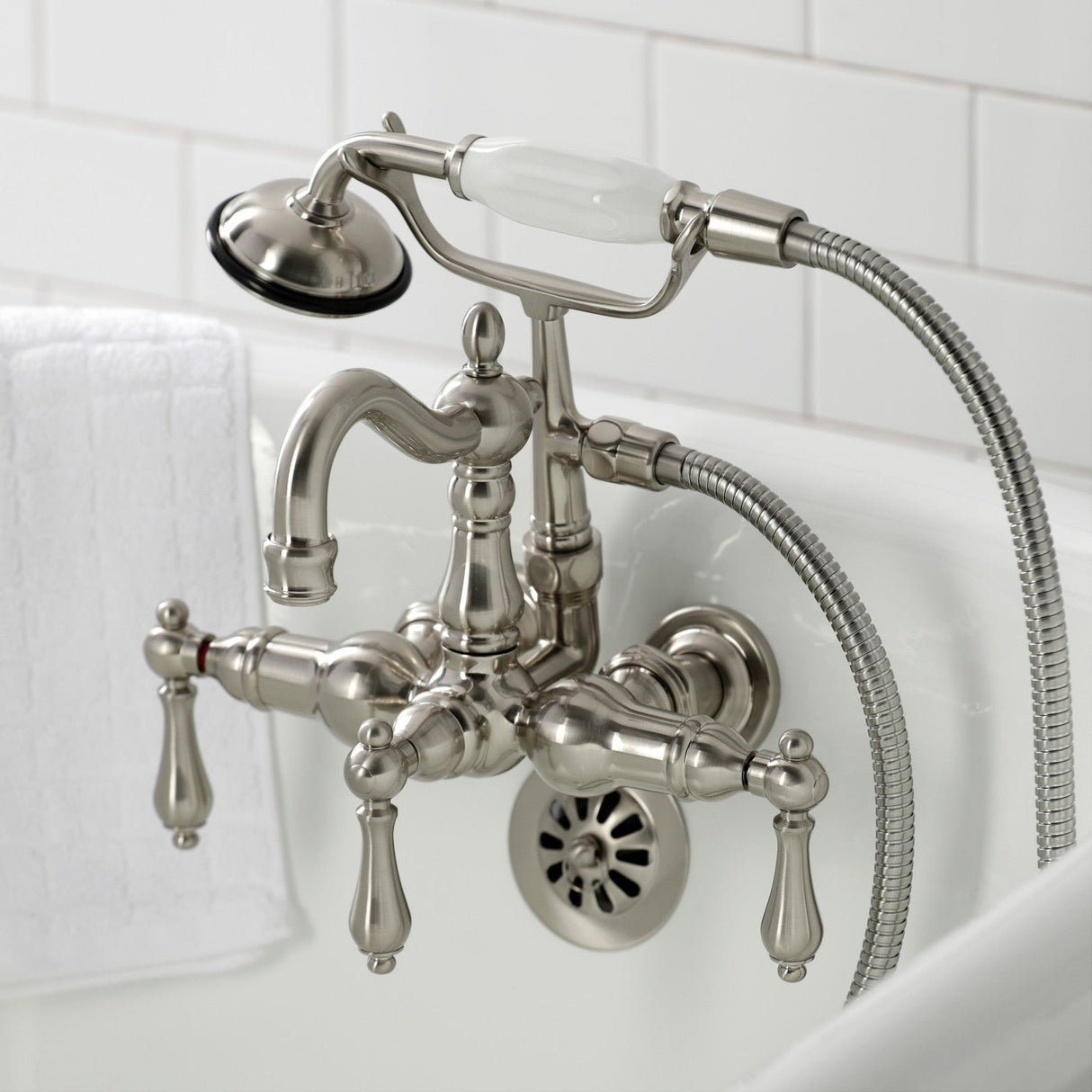 Heritage CA1007T8 Three-Handle 2-Hole Wall Mount Clawfoot Tub Faucet with Hand Shower, Brushed Nickel