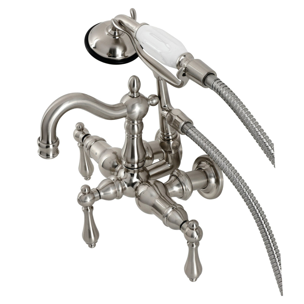 Heritage CA1007T8 Three-Handle 2-Hole Wall Mount Clawfoot Tub Faucet with Hand Shower, Brushed Nickel