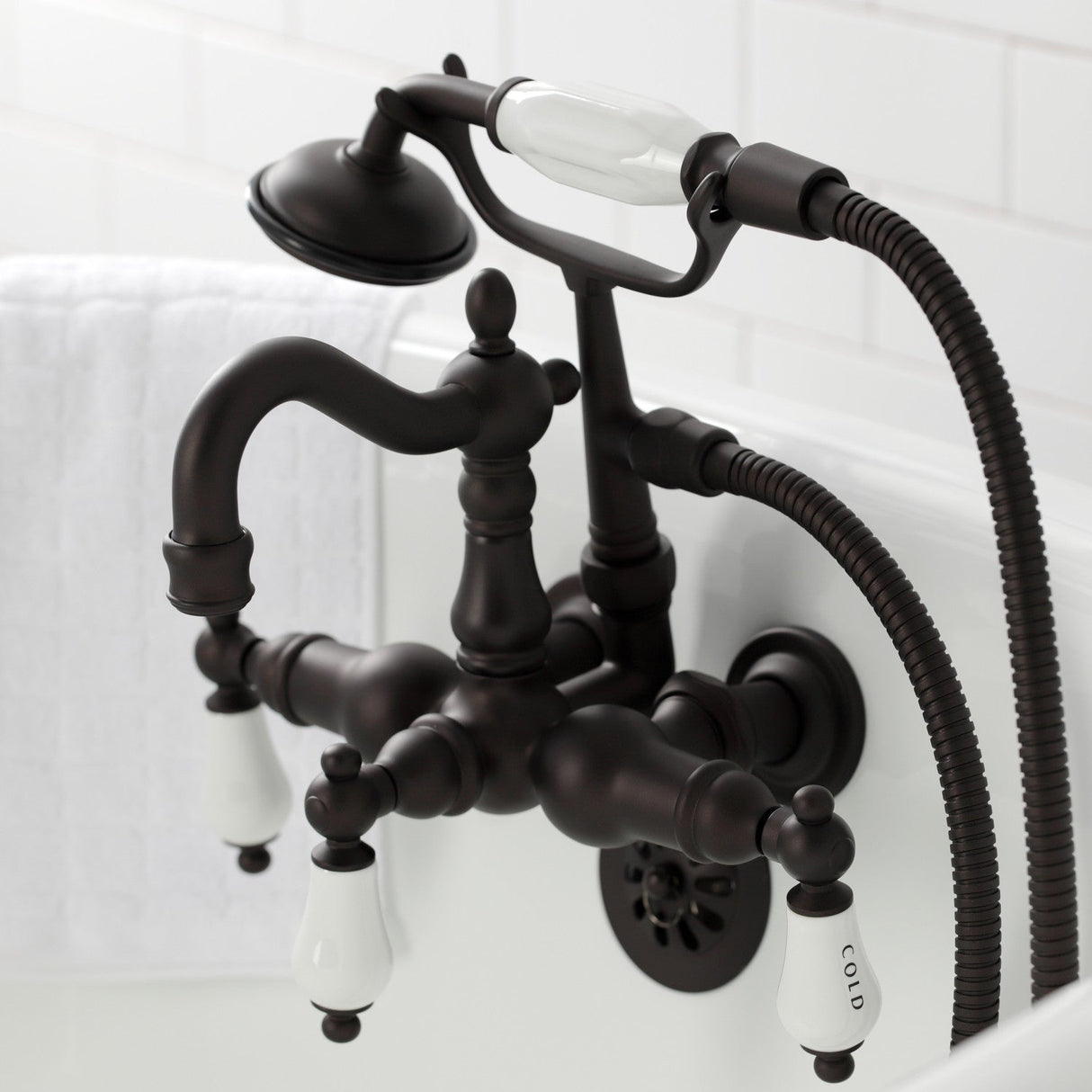 Heritage CA1009T5 Three-Handle 2-Hole Wall Mount Clawfoot Tub Faucet with Hand Shower, Oil Rubbed Bronze