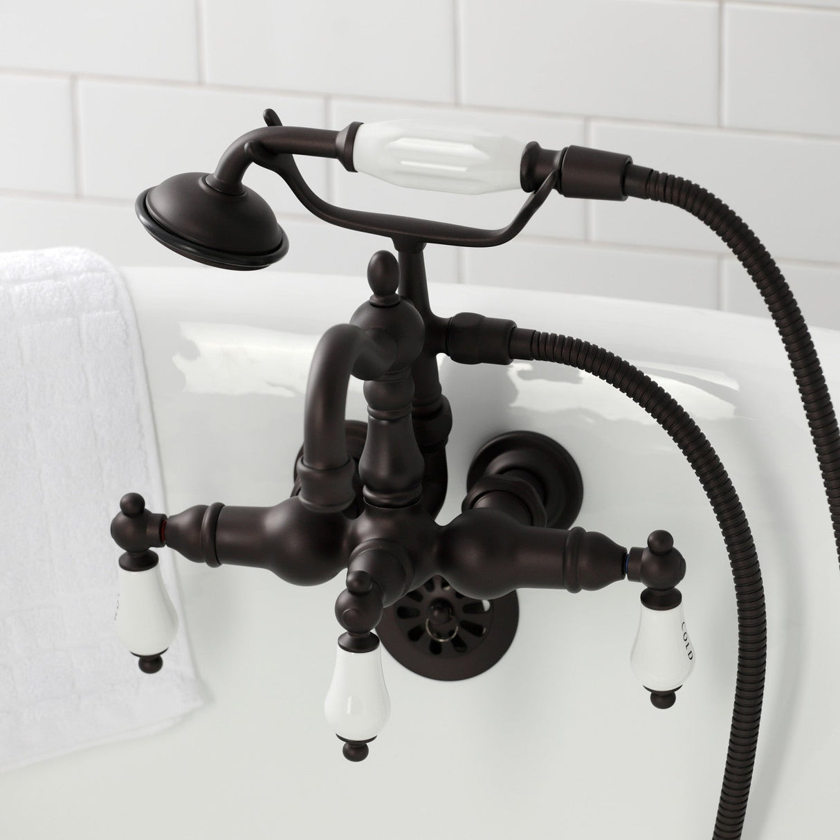 Heritage CA1009T5 Three-Handle 2-Hole Wall Mount Clawfoot Tub Faucet with Hand Shower, Oil Rubbed Bronze