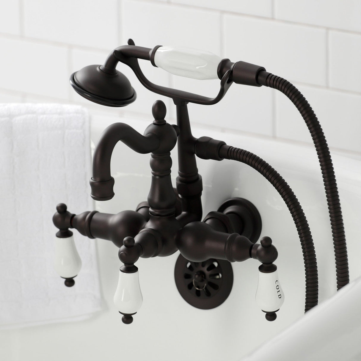 Heritage CA1009T5 Three-Handle 2-Hole Wall Mount Clawfoot Tub Faucet with Hand Shower, Oil Rubbed Bronze