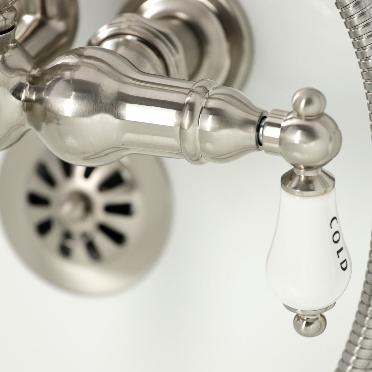 Heritage CA1009T8 Three-Handle 2-Hole Wall Mount Clawfoot Tub Faucet with Hand Shower, Brushed Nickel