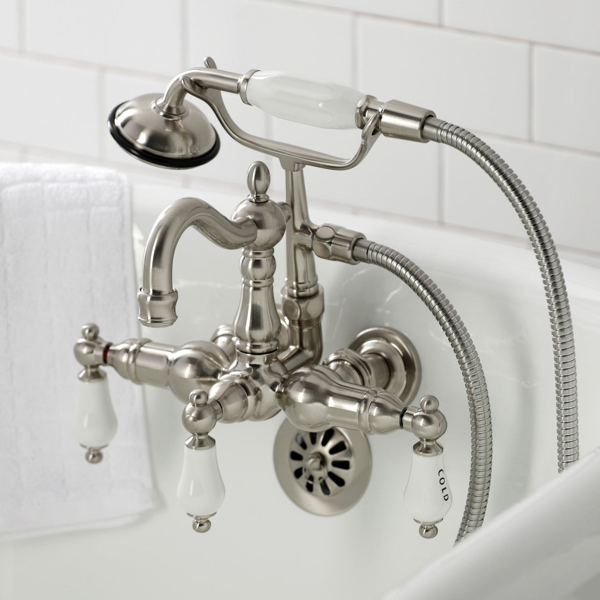 Heritage CA1009T8 Three-Handle 2-Hole Wall Mount Clawfoot Tub Faucet with Hand Shower, Brushed Nickel