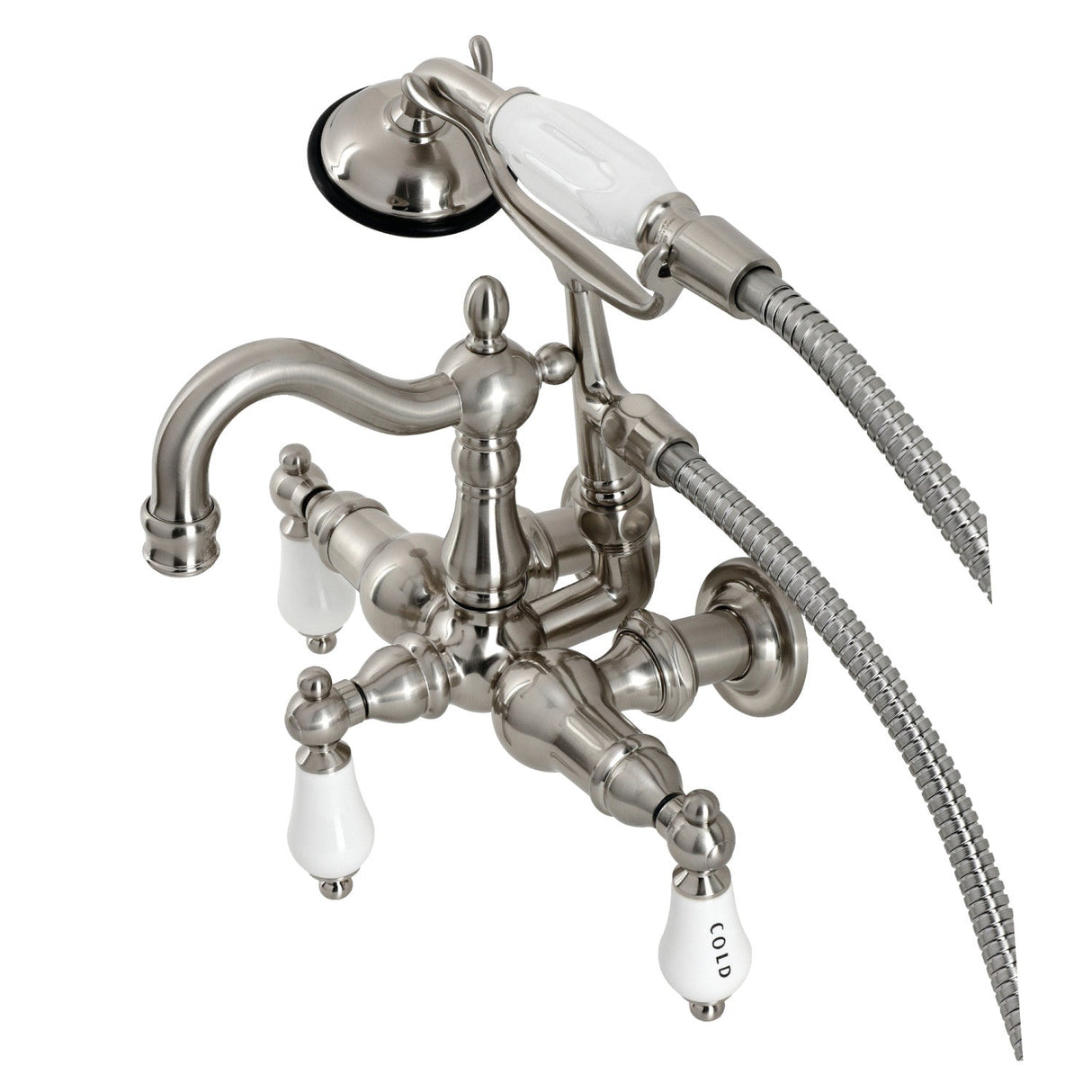 Heritage CA1009T8 Three-Handle 2-Hole Wall Mount Clawfoot Tub Faucet with Hand Shower, Brushed Nickel