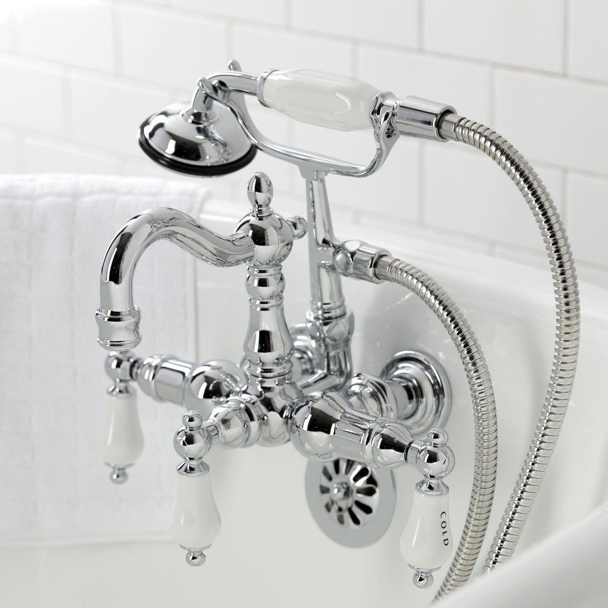Heritage CA1010T1 Three-Handle 2-Hole Wall Mount Clawfoot Tub Faucet with Hand Shower, Polished Chrome