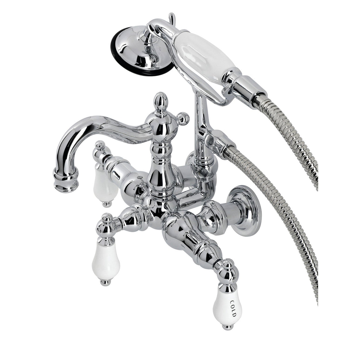 Heritage CA1010T1 Three-Handle 2-Hole Wall Mount Clawfoot Tub Faucet with Hand Shower, Polished Chrome