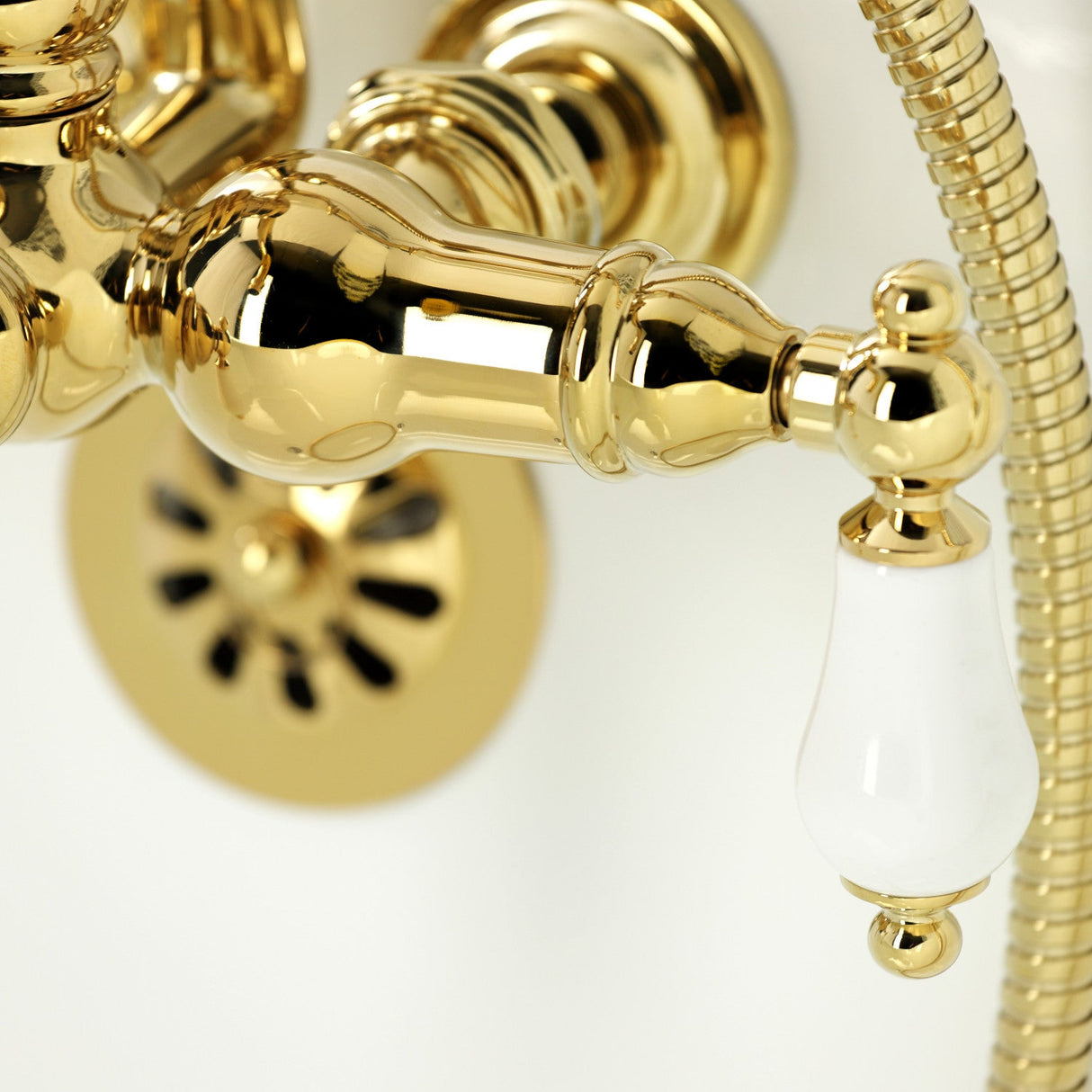 Heritage CA1011T2 Three-Handle 2-Hole Wall Mount Clawfoot Tub Faucet with Hand Shower, Polished Brass