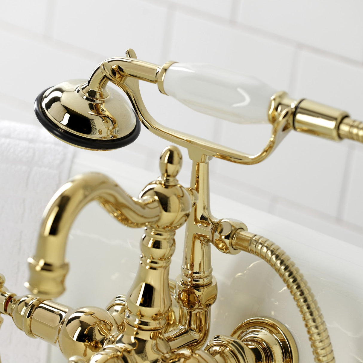 Heritage CA1011T2 Three-Handle 2-Hole Wall Mount Clawfoot Tub Faucet with Hand Shower, Polished Brass