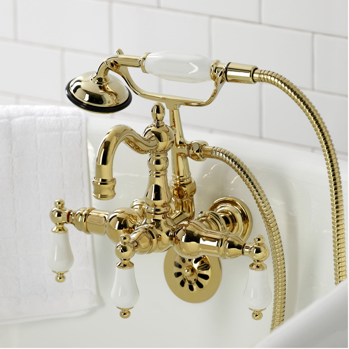 Heritage CA1011T2 Three-Handle 2-Hole Wall Mount Clawfoot Tub Faucet with Hand Shower, Polished Brass