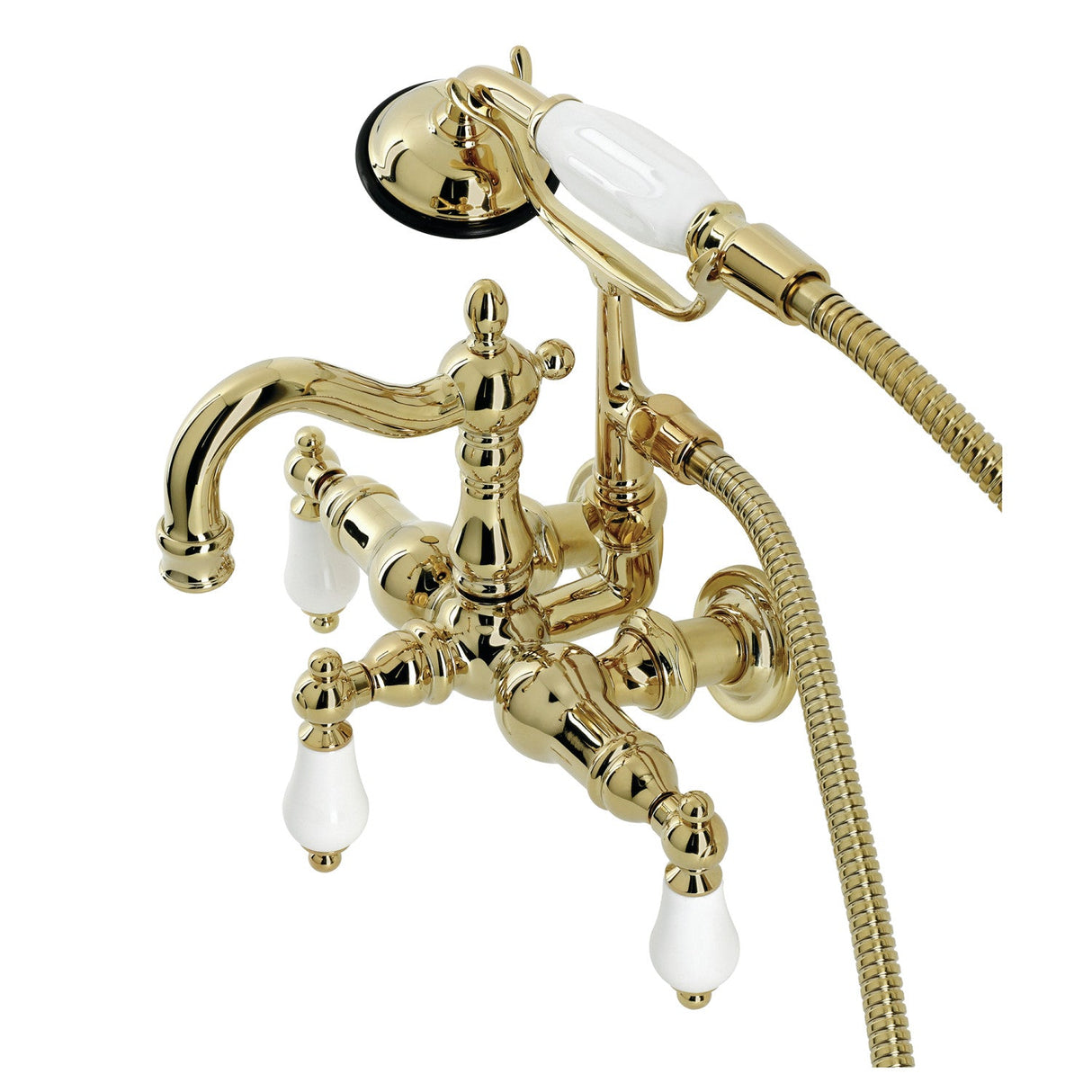 Heritage CA1011T2 Three-Handle 2-Hole Wall Mount Clawfoot Tub Faucet with Hand Shower, Polished Brass