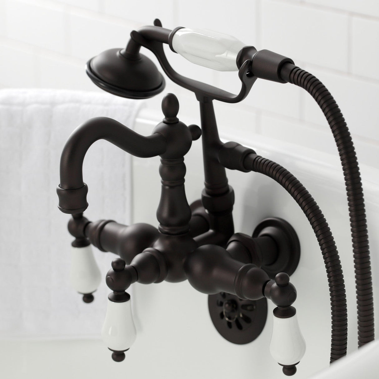 Heritage CA1011T5 Three-Handle 2-Hole Wall Mount Clawfoot Tub Faucet with Hand Shower, Oil Rubbed Bronze