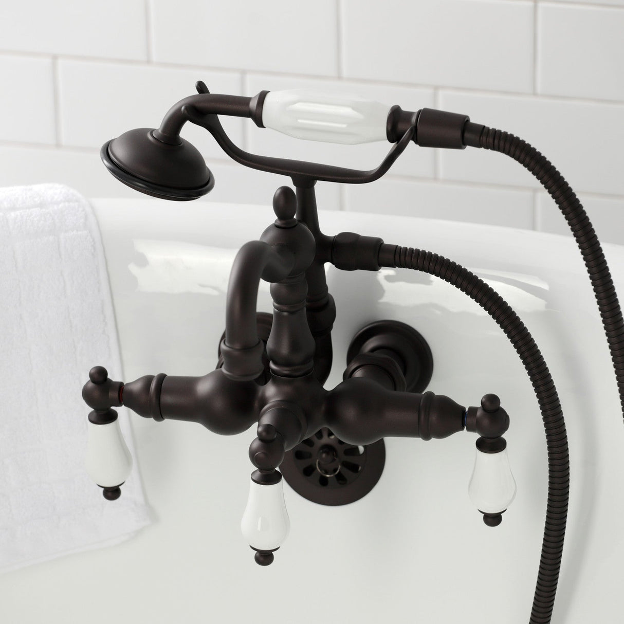 Heritage CA1011T5 Three-Handle 2-Hole Wall Mount Clawfoot Tub Faucet with Hand Shower, Oil Rubbed Bronze