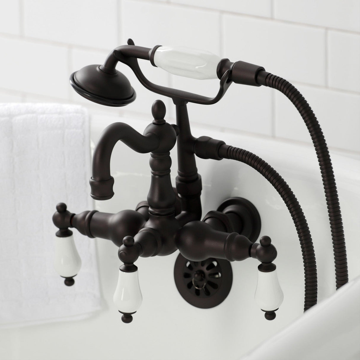 Heritage CA1011T5 Three-Handle 2-Hole Wall Mount Clawfoot Tub Faucet with Hand Shower, Oil Rubbed Bronze