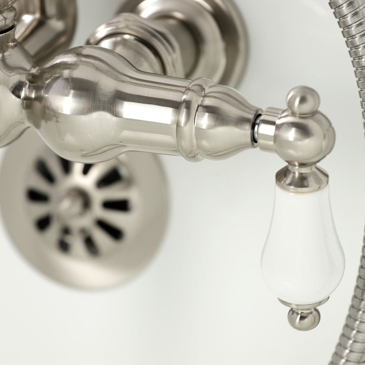 Heritage CA1011T8 Three-Handle 2-Hole Wall Mount Clawfoot Tub Faucet with Hand Shower, Brushed Nickel