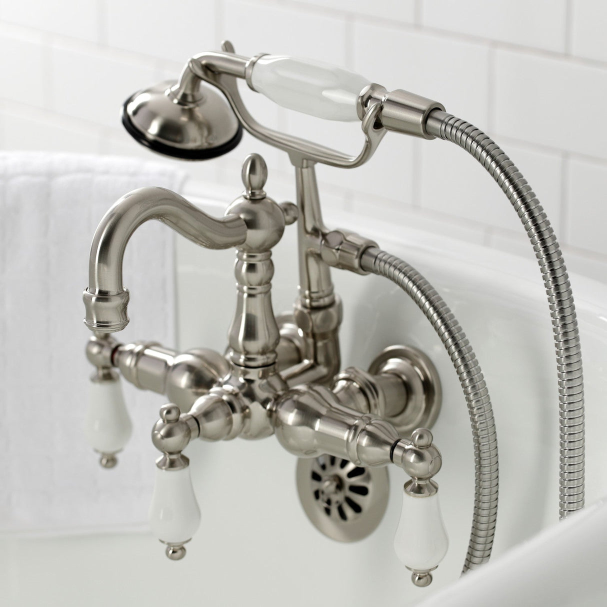 Heritage CA1011T8 Three-Handle 2-Hole Wall Mount Clawfoot Tub Faucet with Hand Shower, Brushed Nickel