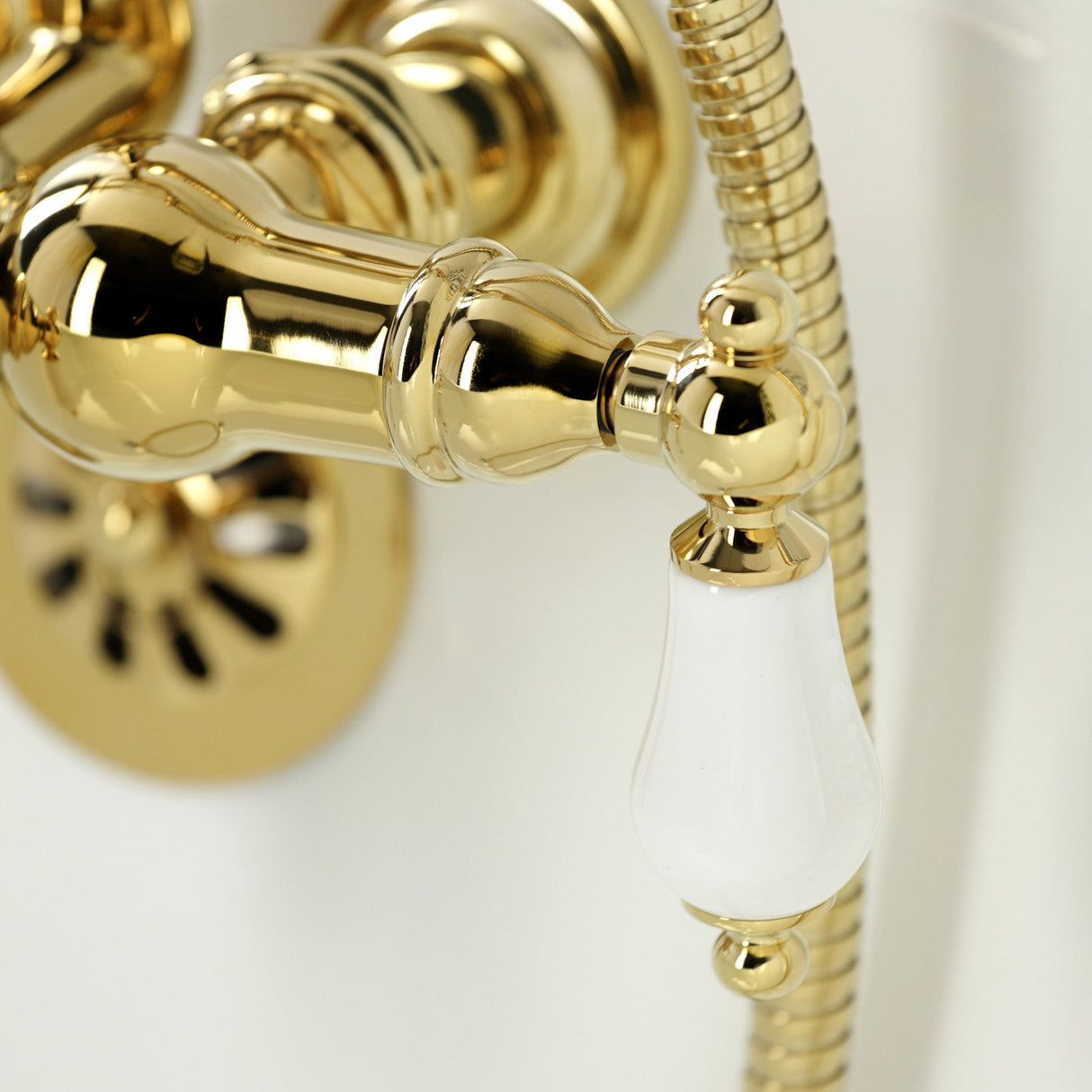 Vintage CA11T2 Three-Handle 2-Hole Wall Mount Clawfoot Tub Faucet with Hand Shower, Polished Brass