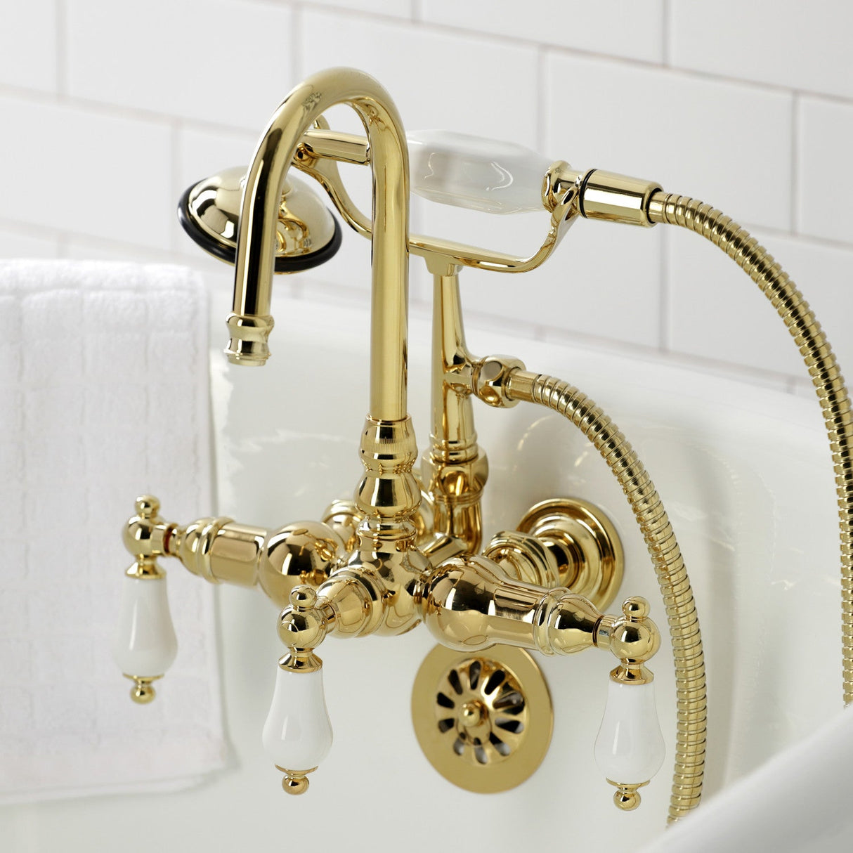 Vintage CA11T2 Three-Handle 2-Hole Wall Mount Clawfoot Tub Faucet with Hand Shower, Polished Brass