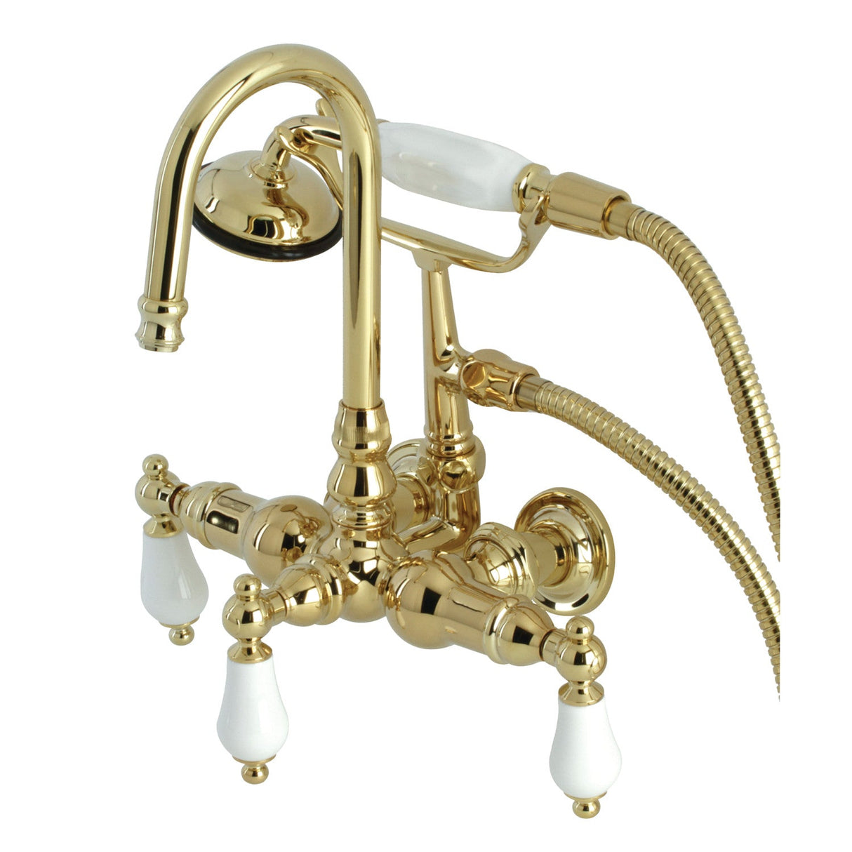 Vintage CA11T2 Three-Handle 2-Hole Wall Mount Clawfoot Tub Faucet with Hand Shower, Polished Brass