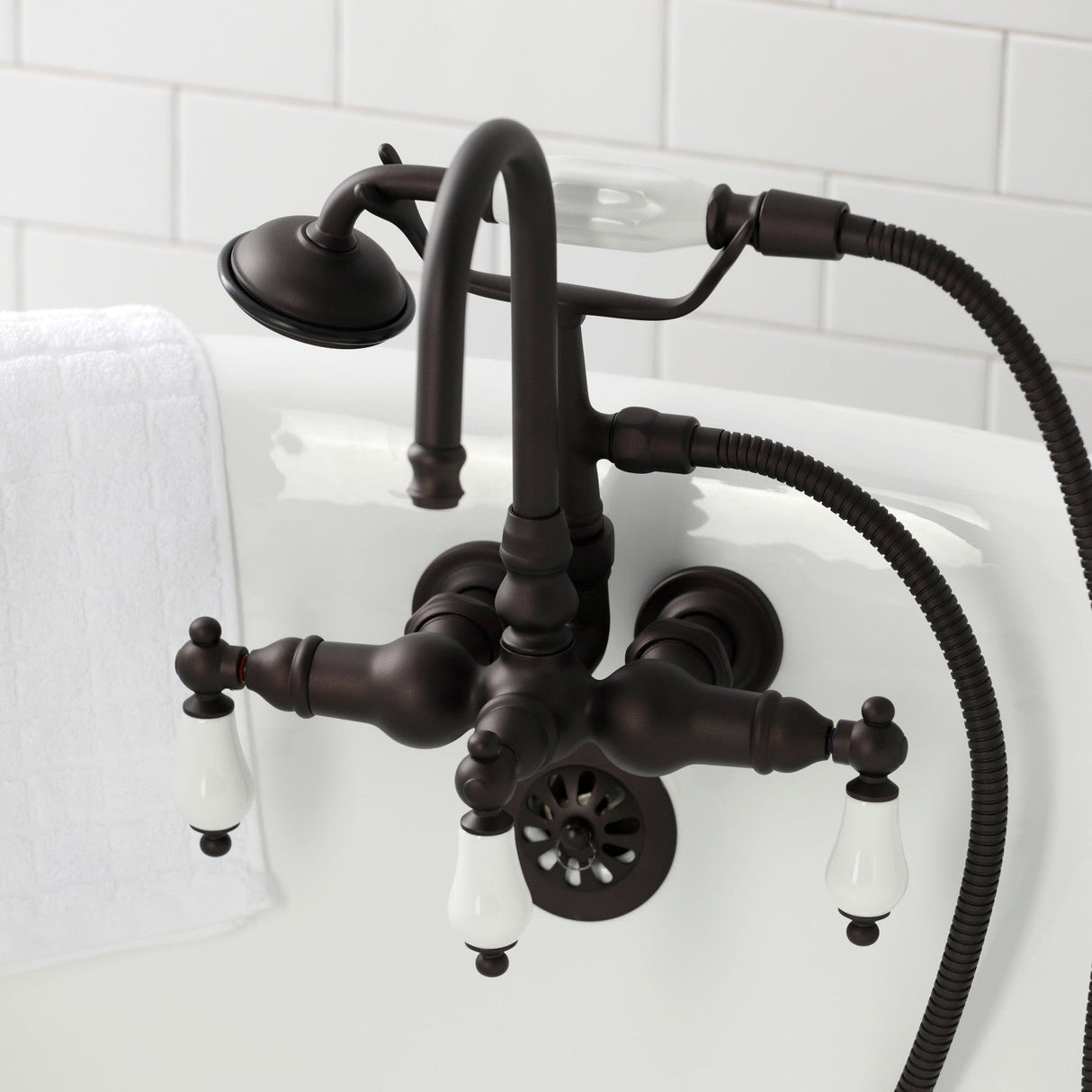 Vintage CA11T5 Three-Handle 2-Hole Wall Mount Clawfoot Tub Faucet with Hand Shower, Oil Rubbed Bronze