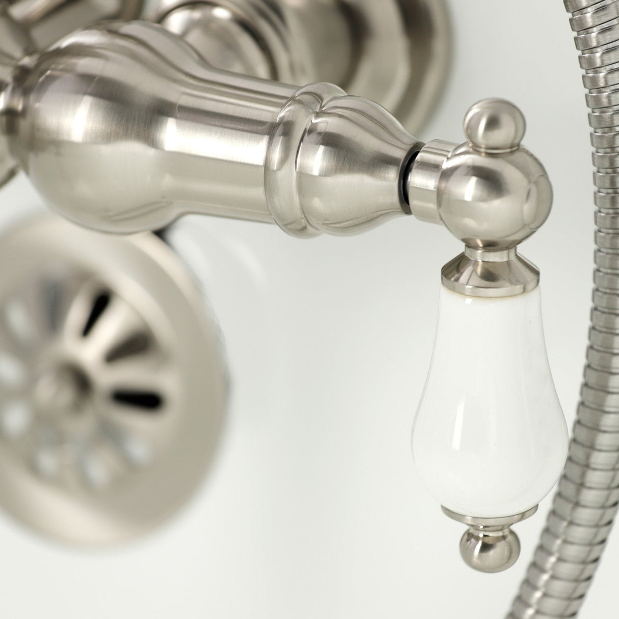 Vintage CA11T8 Three-Handle 2-Hole Wall Mount Clawfoot Tub Faucet with Hand Shower, Brushed Nickel