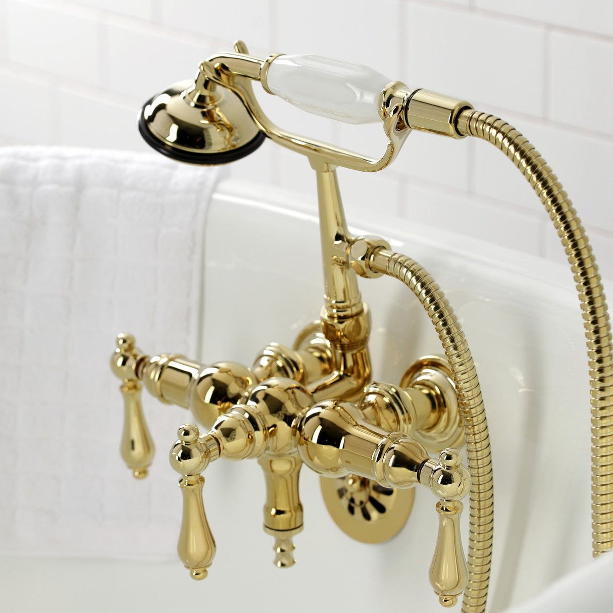 Vintage CA19T2 Three-Handle 2-Hole Wall Mount Clawfoot Tub Faucet with Hand Shower, Polished Brass