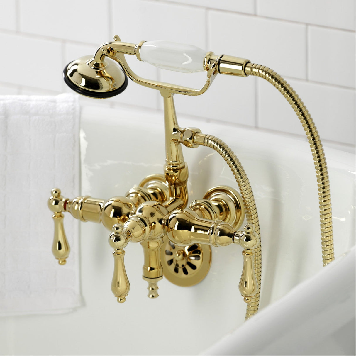 Vintage CA19T2 Three-Handle 2-Hole Wall Mount Clawfoot Tub Faucet with Hand Shower, Polished Brass