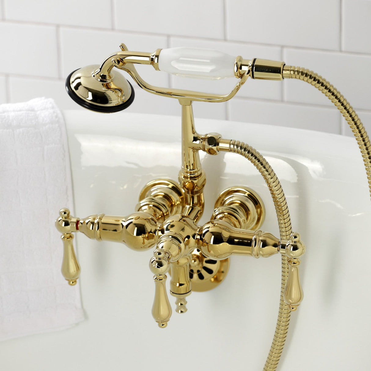Vintage CA19T2 Three-Handle 2-Hole Wall Mount Clawfoot Tub Faucet with Hand Shower, Polished Brass
