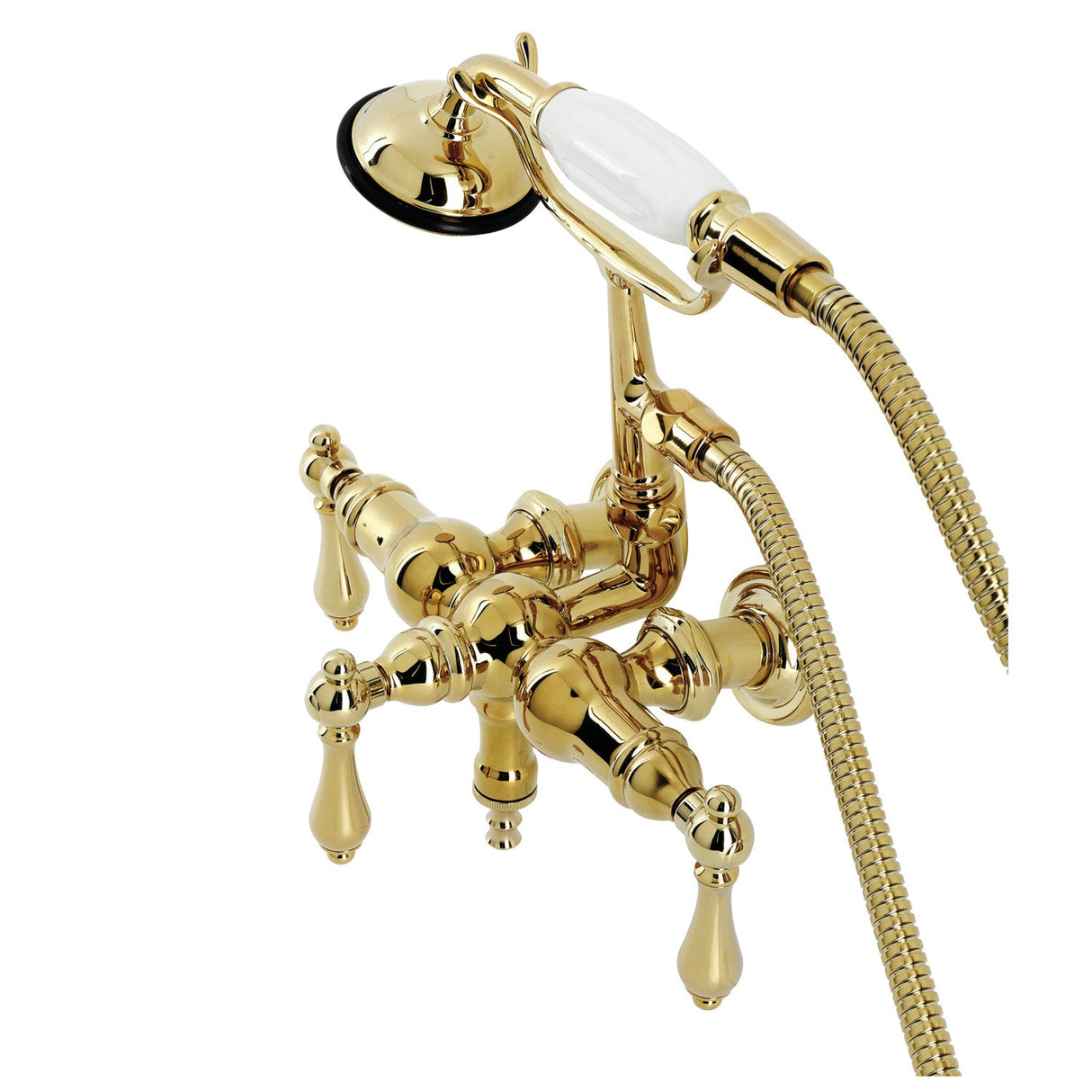 Vintage CA19T2 Three-Handle 2-Hole Wall Mount Clawfoot Tub Faucet with Hand Shower, Polished Brass