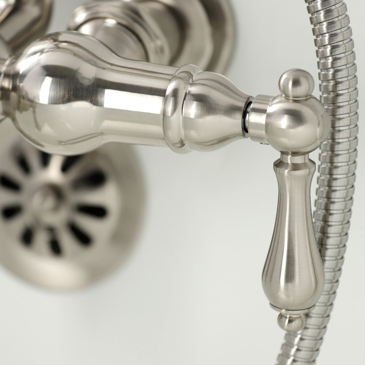 Vintage CA19T8 Three-Handle 2-Hole Wall Mount Clawfoot Tub Faucet with Hand Shower, Brushed Nickel