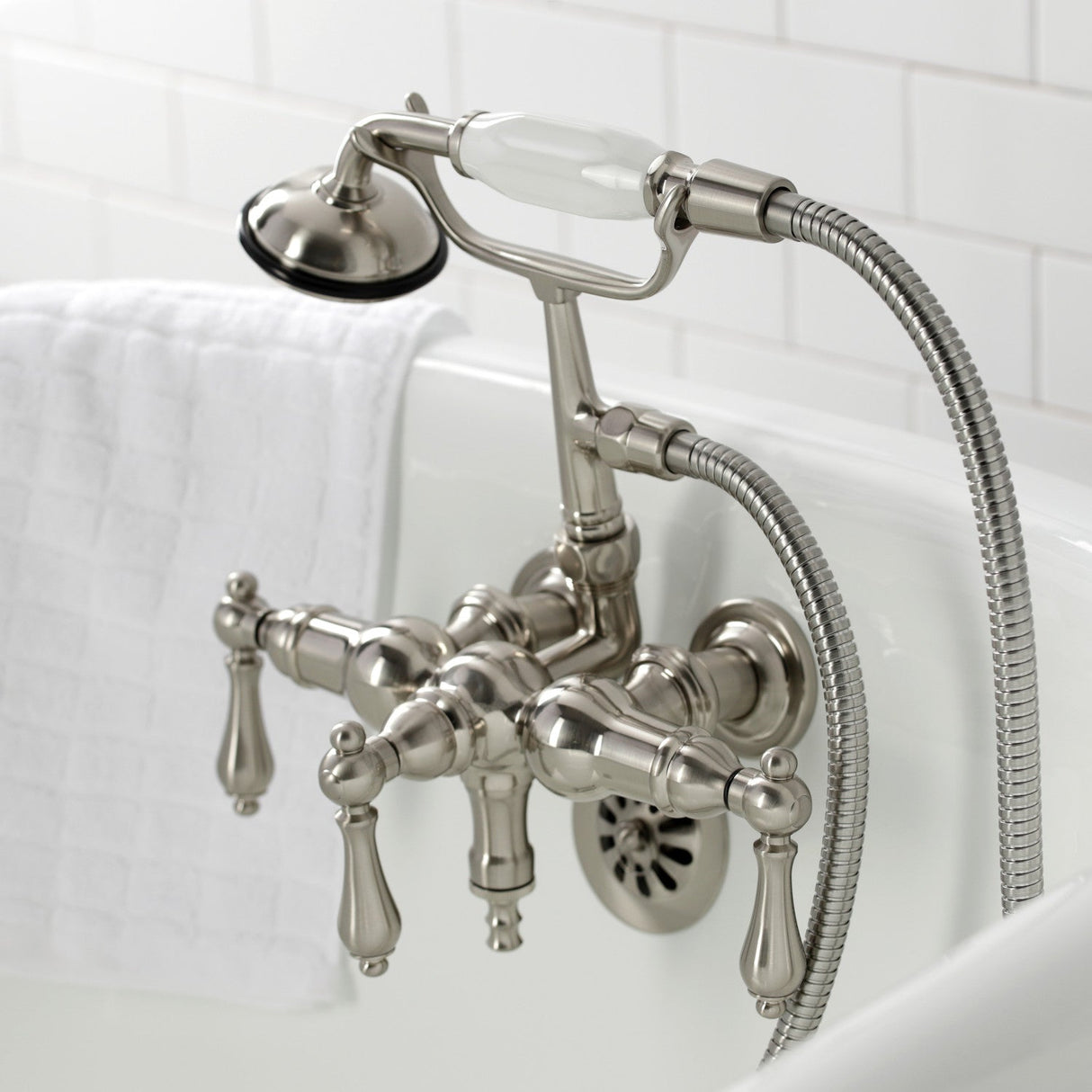 Vintage CA19T8 Three-Handle 2-Hole Wall Mount Clawfoot Tub Faucet with Hand Shower, Brushed Nickel