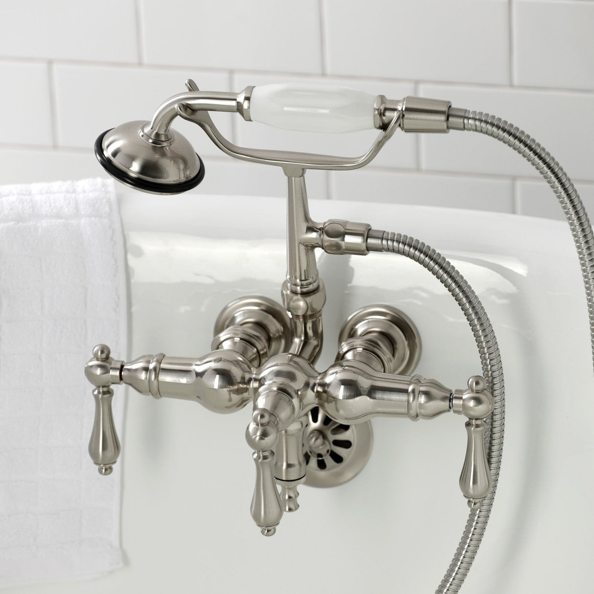Vintage CA19T8 Three-Handle 2-Hole Wall Mount Clawfoot Tub Faucet with Hand Shower, Brushed Nickel