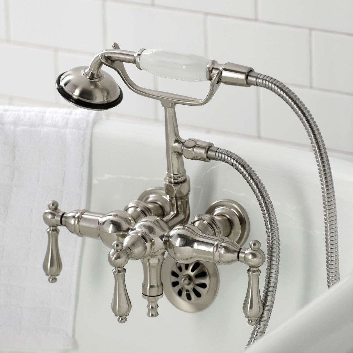 Vintage CA19T8 Three-Handle 2-Hole Wall Mount Clawfoot Tub Faucet with Hand Shower, Brushed Nickel